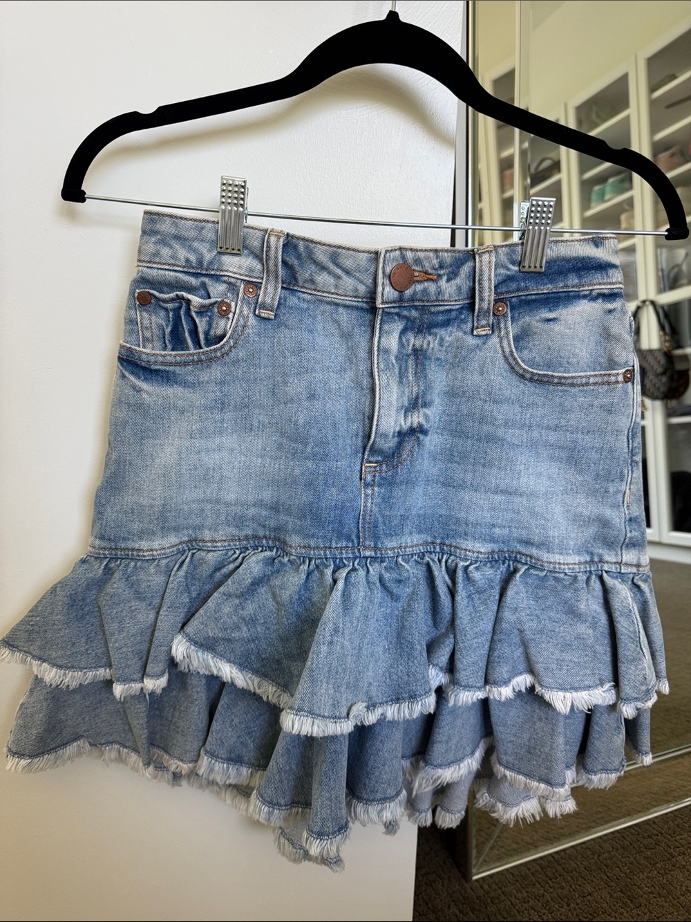 Alice + Olivia Light Blue Ruffle Denim Mini Skirt